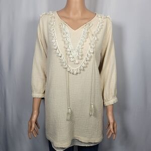 Umgee Boho Cream Tassel Top in a Women's Size Large